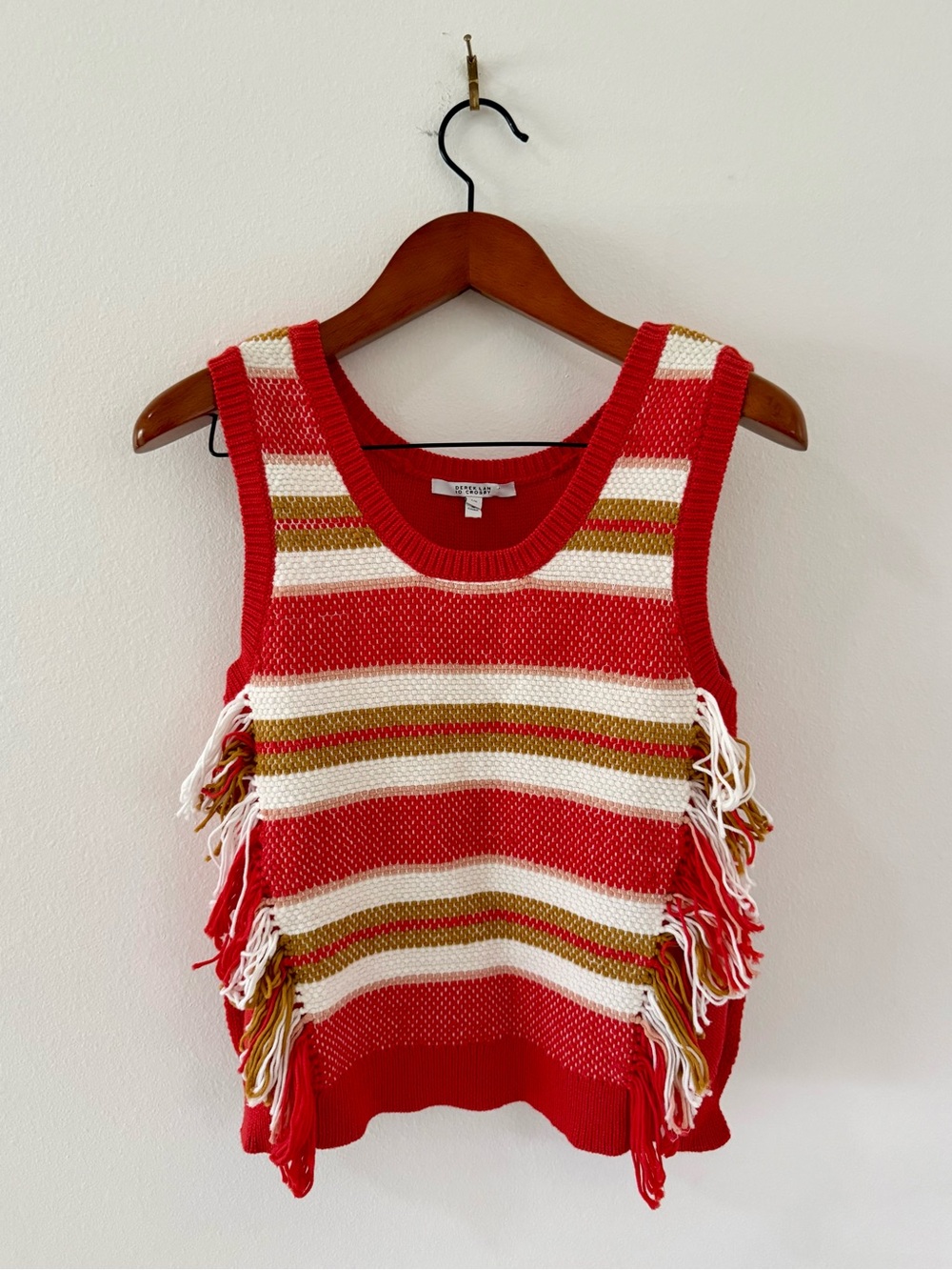 Derek Lam 10 Crosby Striped Fringe Knit Top L Red White Gold Boho Sweater Vest